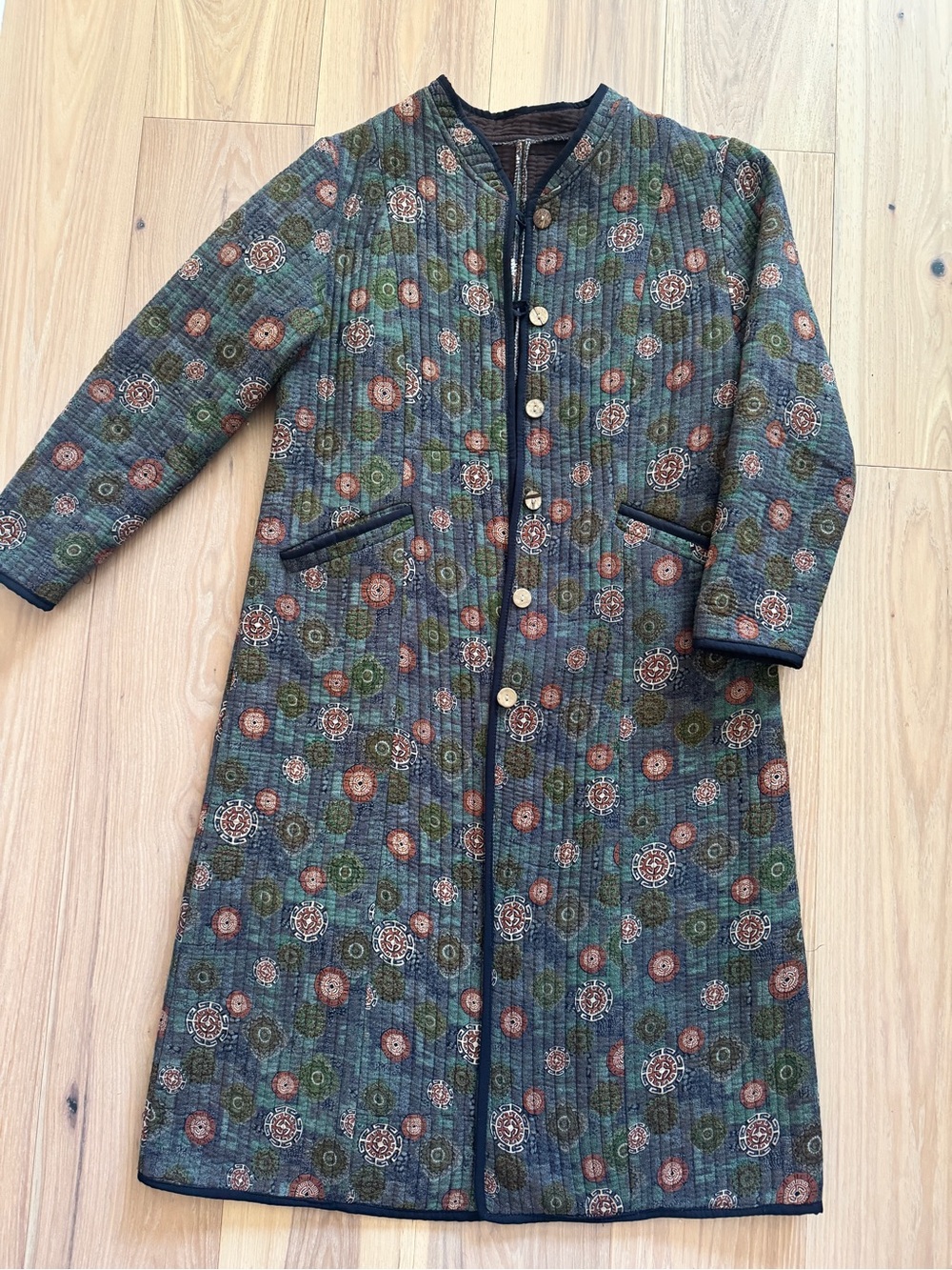 Quilted Floral Long Coat - Green Multi
